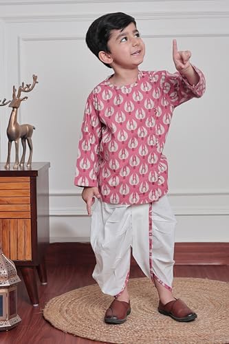 Image of POLKA TOTS Premium Cotton Dhoti Kurta Set for Kids Boys - Traditional Angrakha Style Ethnic Wear for Baby Boys | Breathable Soft Fabric Festive Outfit for Haldi, Weddings & Traditional Events