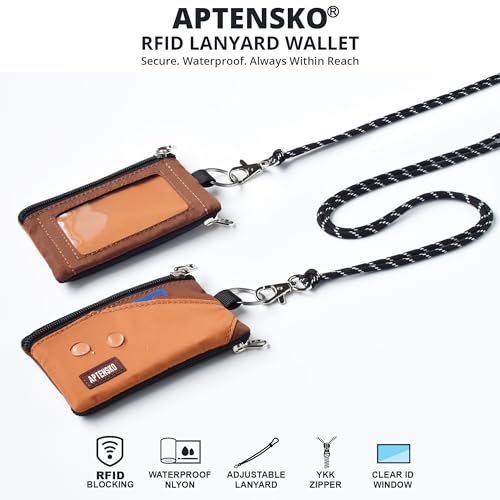 RFID Travel Wallet with Adjustable Lanyard-Zipper Small Wallet with ID Card Holder, Keychain for women&men-Minimalist Slim Waterproof Nylon case for ID, Cash, Key (Rust+Coffee)2