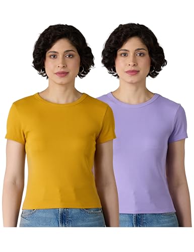 Image of Amazon Brand - Symbol Women's Slim Fit Cropped Rib T-Shirt (Round Neck | Half Sleeve | Pack of 2) (Available in Plus Size)