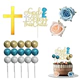 Tortendeko Kommunion Set für Jungen – 1 Kreuz, 1 Blaue und Goldene Glitzer-Kuchentopper, 2 Blumen, 5 Weiße, Goldene und Blaue Bälle für Kommunion, Taufe und Hochzeit