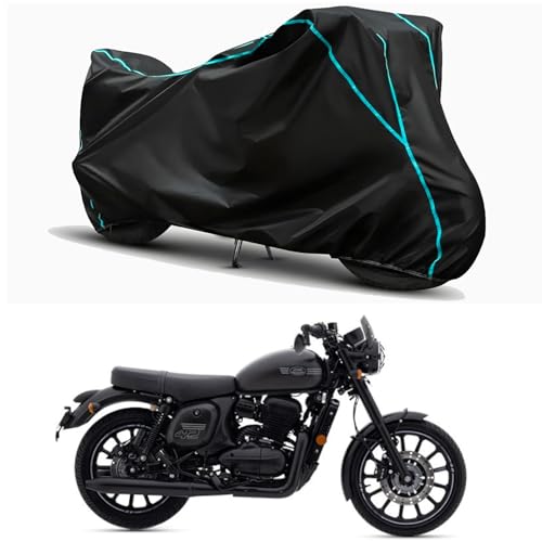 Image of Waterproof Bike Body Cover Compatible for | Jawa Dual Channel | Taffeta Fabric, Sky Piping Design, Bottom Elastic Fit | Dustproof, Sun UV & Rain Protection for All Weather.