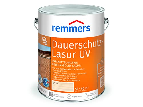 Remmers Dauerschutz-Lasur UV weiß, 5 Liter, Dekorative Medium-Solid-Lasur für Außen, auch für helle Farbtöne und farblos UV+, wetterbeständig