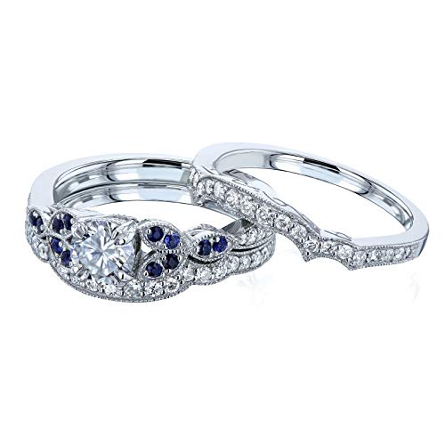 Kobelli Floral Round Moissanite Double Band Bridal Set and Sapphire 1 CTW 14k White Gold (GH/VS, GH/I, Blue)2