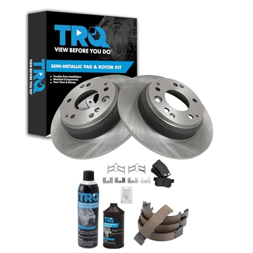 Image of TRQ Rear Brake Pad & Rotor Kit, with Chemical Kit Parking Brake Shoe Set Semi-Metallic Compatible with 1996-1998 Acura RL