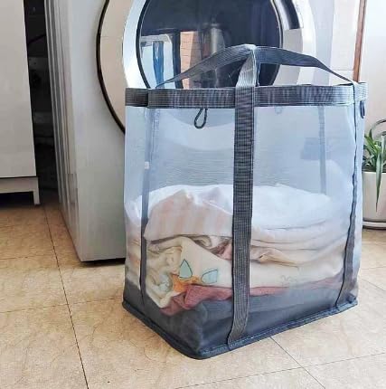 Vixplorn ランドリーバッグ 大容量 メッシュ 高通気性 ランドリーバスケット 折りたたみ 取っ手 フック付き 壁掛け可能 コンパクト 軽量 洗濯物入れ 洗濯物カゴ トイレ バスルーム 寝室 脱衣所 リビング (グレー)