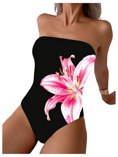 SweatyRocks Women's Floral Print Tube Strapless Swimwear Sleeveless One Piece Swimsuit Black S3