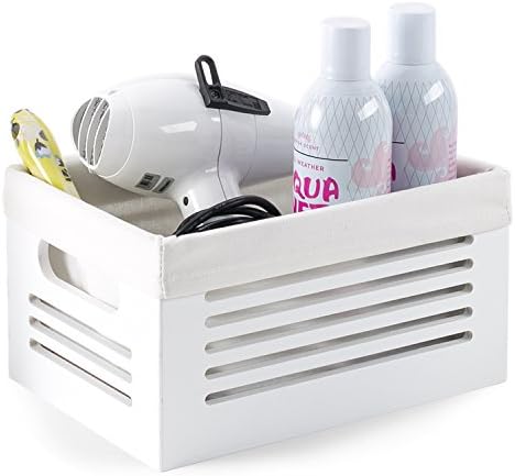 Wooden Storage Bin Container - Decorative Closet, Cabinet and Shelf Basket Organizer Lined with Machine Washable Soft Linen Fabric - White, Small