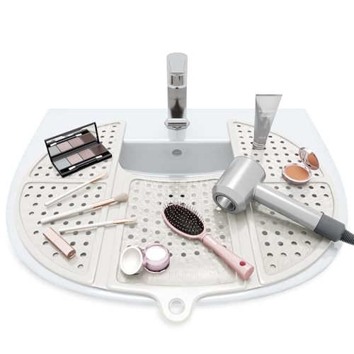Sink Topper Bathroom Counter Cover & Storage Saver Foldable Silicone Mat for Hot Tools Hair Styling & Makeup Beauty Brush Cleaning Mat RV Camper Sink Cover & for Small Spaces (Standard Pearl)
