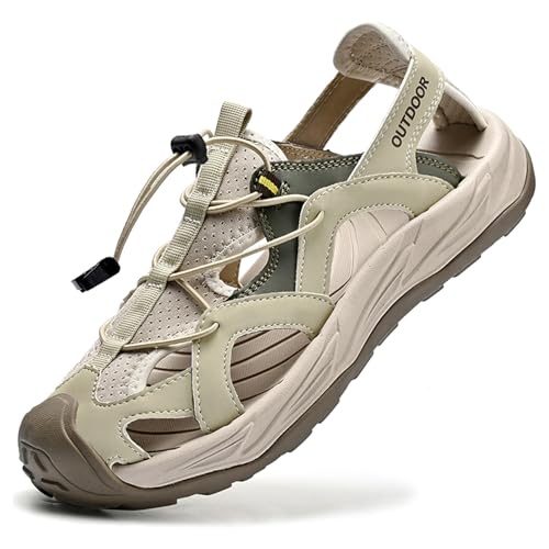 Men's Leather Closed Toe Sport Sandals Adjustable Outdoor Hiking Athletic Waterproof Arch Support Walking Sandals Summer Waterproof Beach Water Shoes