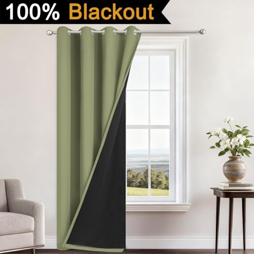 Image of Yakamok Sage Blackout Curtains 96 Inches Long for Bedroom 52 inch Wide 1 Panel | Blackout Curtain Panels for Bedroom, 2 Thick Layers Grommet Top Thermal Insulated Drapes with Black Liner for Living Room