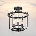 LMSOD Farmhouse Semi Flush Mount Ceiling Light Fixtures, 3-Light Industrial Rustic Ceiling Lamp Black Metal Cage Hallway Light Fixtures
