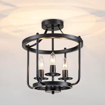 LMSOD Farmhouse Semi Flush Mount Ceiling Light Fixtures, 3-Light Industrial Rustic Ceiling Lamp Black Metal Cage Hallway Light Fixtures
