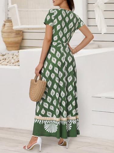 Image of HUHOT Women's Short Sleeve Wrap V Neck Dresses for Wedding Guest Summer Floral Maxi Sundresses with Pockets Boho Dress