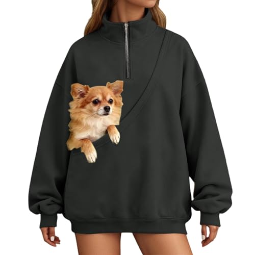 Sudadera de forro polar con cremallera gris oscuro talla M con bolsillo para gato
