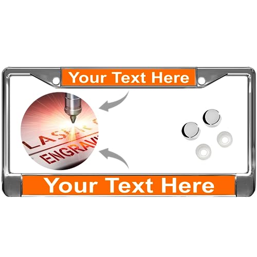 Image of Custom Personalized Chrome-Plated Metal Laser Engraved Standard Size - Car /Automobile License Plate Frame with Free caps - Orange /White Text (Qty: 1 Frame)