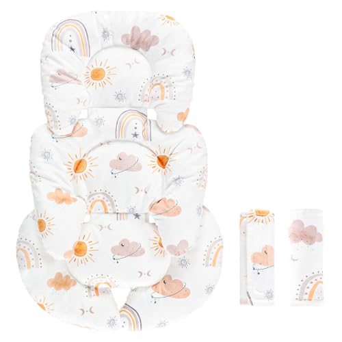 Image of Infant Car Seat Insert, Car Seat Head Support Baby Girls Boys, Soft & Reversible Newborn Carseat Insert Cushion with 2 Strap Covers, for Stroller, Swing, Bouncer (White Boho Rainbow)