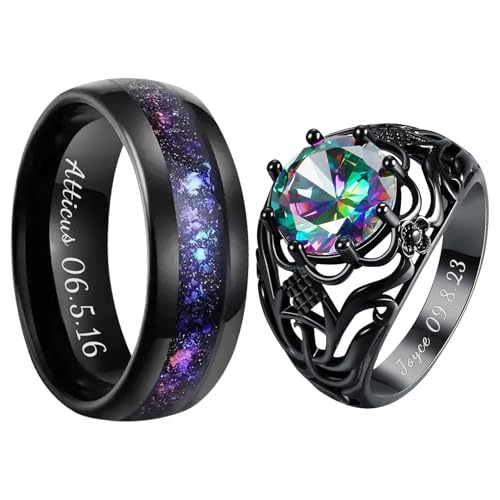 Weceit Personalized Matching Couple Rings, Custom Engraved Band Set for Him & Her, Galaxy Design Fashion Jewelry, Ideal Gift for Valentines Day & Anniversary