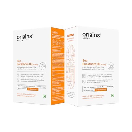 Image of Origins Nutra Sea Buckthorn Oil| Seed & Pulp Extract | Omega-7 for Skin, Hair & Eye Hydration | GMP Certified | 28 Veg. Softgels | Pack of 2