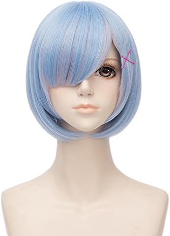 Max Beauty Girl Women Lolita Short Blue Anime Rem Cosplay Wig with Bangsfor Halloween + Free Cap