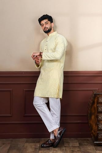 Image of LookMark Men's Printed Silk Blend Kurta with Mandarin Collar, Full Sleeves, Straight Fit Traditional Ethnic Wear