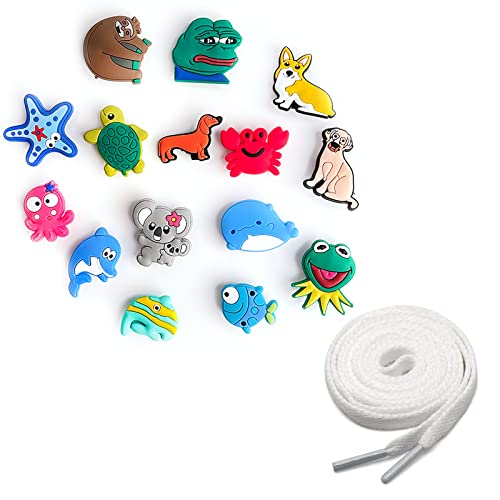 Pounchi Cute Cartoon Shoe Charms Decor 15Pcs (With White Flat Shoe Laces 54" Shoelaces) For Athletic Running Sneakers Shoes Boot Strings Shoe Decoration Accessories Party Supplies Birthday Gifts #TOP10