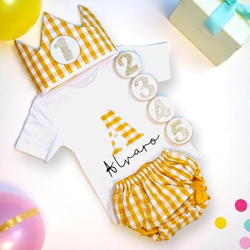 Conjunto Cumpleaños 1 año Personalizado - Camiseta con nombre Bebé - Regalo primer cumpleaños - Smash Cake - Corona cumpleaños (Vichy Rosa) (Mostaza)