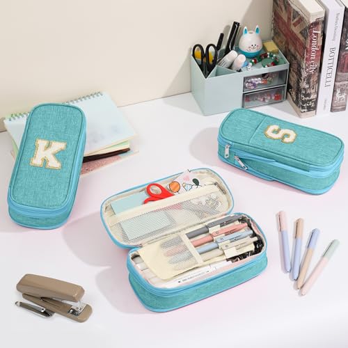 Image of Preppy Pencil Case for School Supplies, Large Initial Pencil Pouch with Zipper, Cute Pencil Bag for Office Supplies, Aesthetic Pen Case Box for Kids Teen Girls Women - R(Blue)