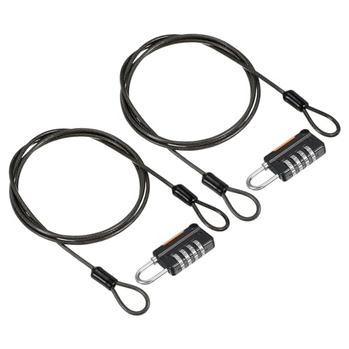 Image of PATIKIL Security Steel Cable with 4 Digit Combination Lock, 2 Set 3.3Ft Coated Safety Wire Rope Double Loop Padlock for Outdoor Travel Luggage, Black