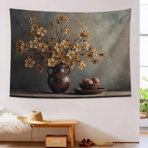 Tapisserie murale vintage nature morte au vase brun grand format 200x150cm pour salon