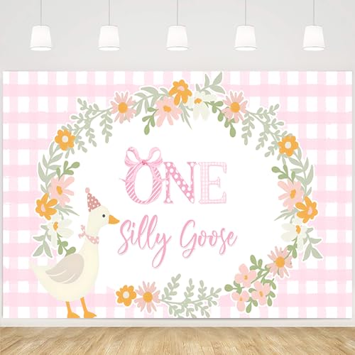 MEHOFOND One Silly Goose Backdrop Swee Little Goose Banner for Girl Birthday Party Decoration Wreath Pink Plaid Bow Tie Banner Cute Cartoon Birthday Party Supplies 8x6ft