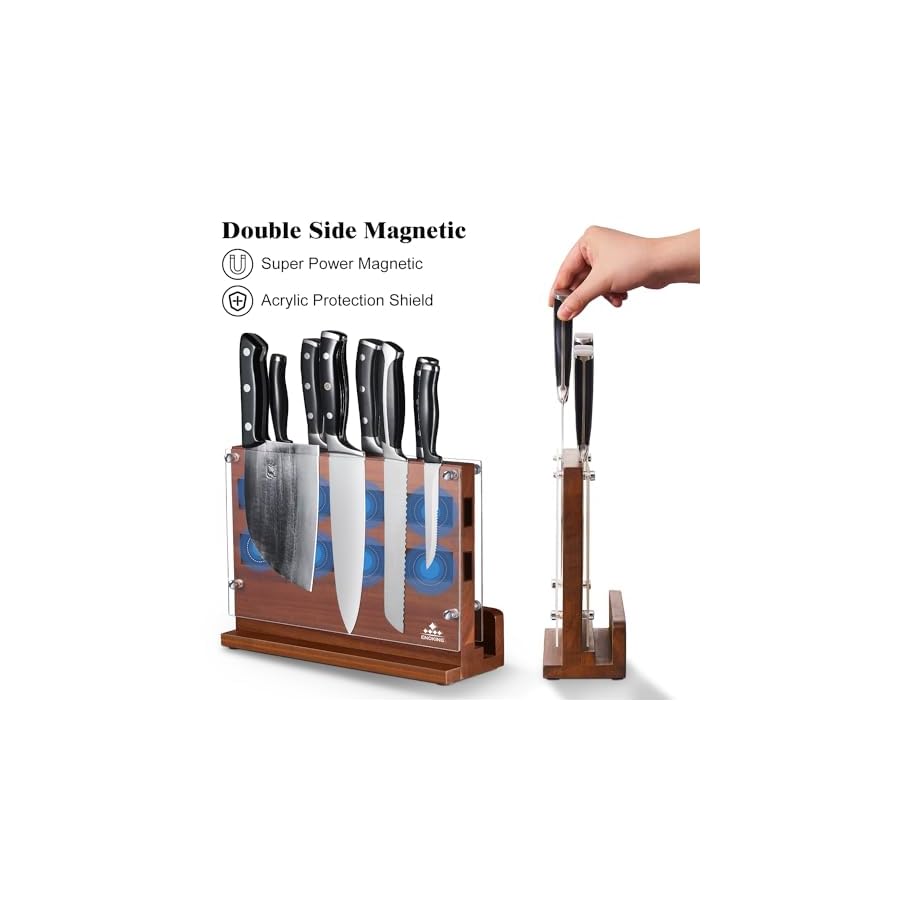 ENOKING-Magnetic-Knife-Block-with-Acrylic-Shield-12-x-9-Inches-Double-Side-Kitchen-Knife-Holder-without-Knives-Acacia-Wood-Universal-Knife-Storage-Organizer-with-Powerful-Magnet-for-Kitchen-Counter ENOKING Magnetic Knife Block with Acrylic Shield 12 x 9 Inches, Double Side Kitchen Knife Holder without Knives- Acacia Wood Universal Knife Storage Organizer with Powerful Magnet for Kitchen Counter