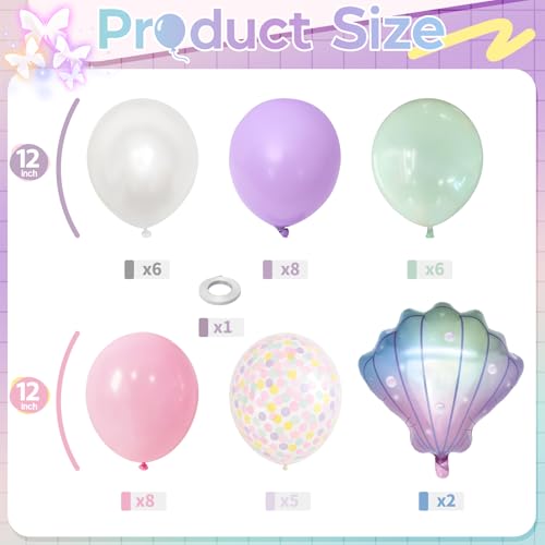 Image of Mermaid Balloons, Pastel Pale Pink Light Purple Lilac Teal Pearl White Balloons with Seashell Foil Balloon Confetti Balloon for Girls Kid Sea Birthday Party Ocean Under The Sea Baby Shower Decorations