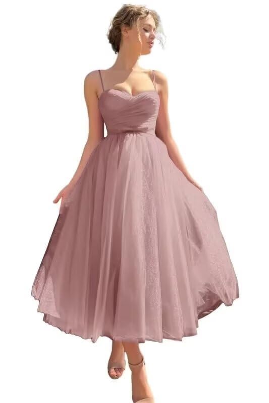 Image of A line Ruched Tulle Prom Dress Spaghetti Straps for Women, Tea Length Sweetheart Homecoming Dress Cocktail Dress