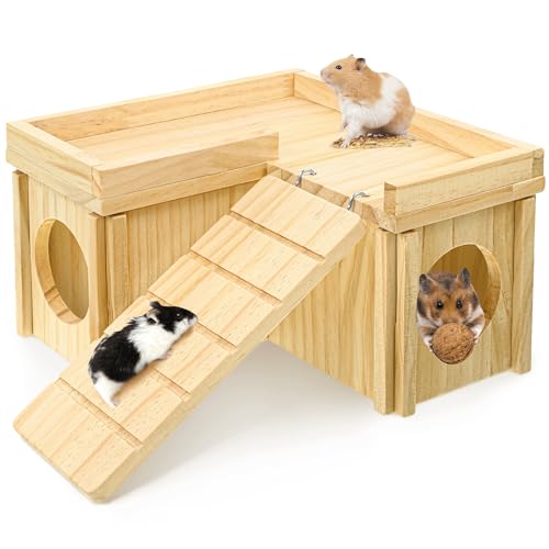 Exclaith Wooden Hamster Hideout, Multi-Chamber Hamster House Maze, Hamsters Secret Peep Shed, Gerbils Chamber Hut with Ladder, Detachable Small Animals Cage Accessories for Small Animal
