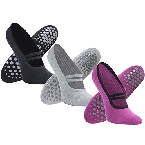 Non Slip Grip Sticky Yoga Socks, Accessories for Women&Men Pilates, Barre, Ballet, Dance, Home for Balance&Stability Rative Anti Slip Slipper Hospital Socks(3Pairs-Black+Grey+Fuchsia-One Strap Small)