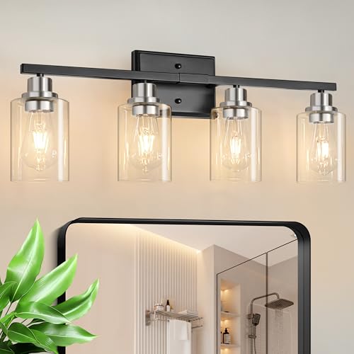 Image of Unicozin Modern Bathroom Light Fixtures, 4 Light Vanity Lights Over Mirror, Black and Brushed Nickel Wall Lamp with Clear Glass for Living Room Cabinet Bedroom Porch