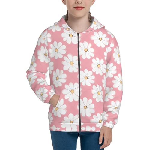 X-Large White Chrysanthemum Texture Chart Print Girls Athletic Zip Up Hoodies,Sweatshirts with Pockets Long Sleeve Hooded Jackets, for 7-18 Y2