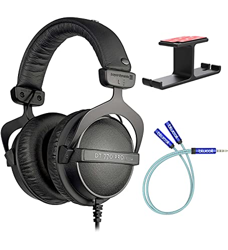 Exclusive Discount 90% Price Beyerdynamic DT 770 PRO 32 Ohm Over-Ear Studio Headphones in Black for Computers and Mobile Phones Bundle with Blucoil Aluminum Dual Suspension Headphone Hanger, and Y Splitter Cable for Audio and Mic