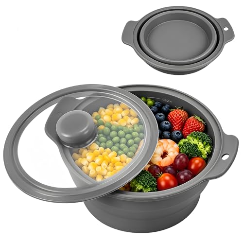 42oz Collapsible Silicone Microwave Steamer with handle & Lid, Food-Grade Silicone Foldable Food Contanier for Cooking, BPA-Free & Heat Resistant Steam Pot, Dishwasher Safe(Grey)
