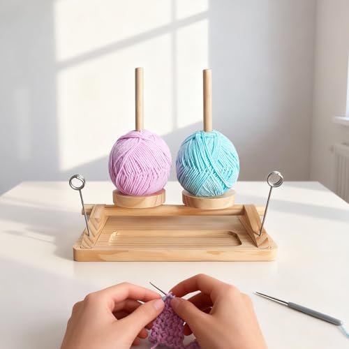 Image of Viredelo Wooden Yarn Holder, Natural Wood Color | Dual Axis Rotating Mechanism, For Crocheting and Knitting, Yarn Spinner, Crochet Gift for Knitting Lovers