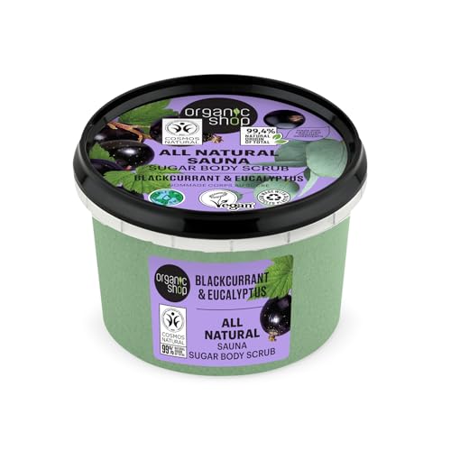Organic Shop Eucalyptus & Blackcurrant, Sugar Softening & Exfoliating Body Scrub, 100% Vegan & Organic, Daily Exfoliant, Detox & Moisturizer, Body Intensive Care & Skin Toning. 250ml.