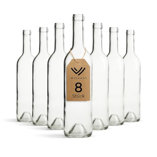 WYSKONT Botella de vino de 750 ml burdeos 8 unidades - botella de vino blanca sin corcho - botella de cristal vacía - botella de agua - botellas de licor vacías - botellas de vidrio para llenar -