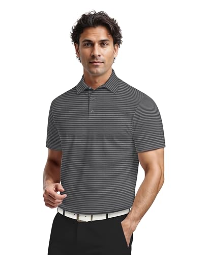 PGA TOUR Men's Heather Feeder Stripe Short Sleeve Golf Polo Shirt, Moisture-Wicking, Sun Protection, Stretch Shoulder Seams