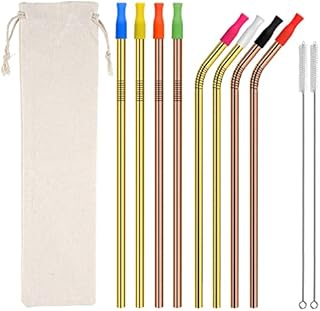 19 Piece Set of 8 Reusable Gold and Rose Gold Metal Stainless Steel Drinking Straws & 2 Cleaning Brushes, 1 Carry Bag and 8 Silicon Tips. Contains 4 Straight and 4 Bent. Home, Office Or Travel.