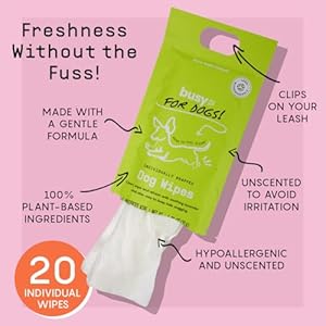 Busy Co Hypoallergenic Dog Wipes Cleaning and Odor Control Grooming Wipes for Paws Body and Butt Perfect for Puppy and Adult Dogs Individually Wrapped Unscented Unscented 20 Grooming Wipes