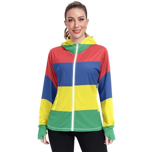 Mauritius Flag Womens UPF 50+ Sun Protection Hoodie Jacket Lightweight Long Sleeve Sun Shirt with Pocket Multicoloured