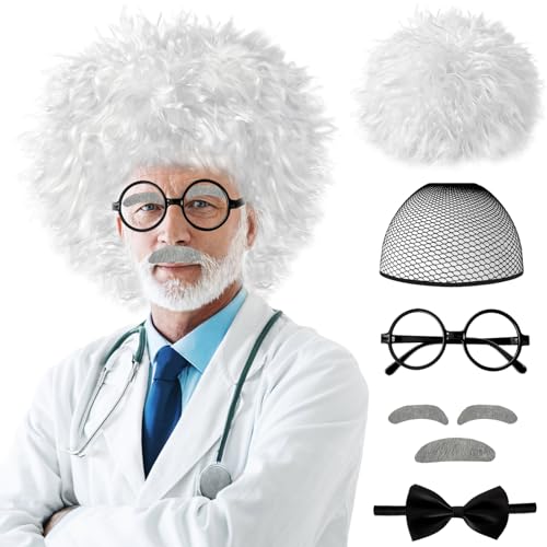 Meirrnyyu 7 Pcs Old Man Mad Scientist Wig Set Crazy Old Man Costume Wig Set Dressing up Grandpa Costume for Cosplay Party Wig Hair Nets Bow Tie Eyebrows Mustache Glasses Set
