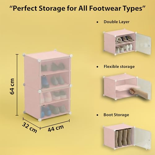 Image of ALOXE DIY Foldable Shoe Rack | 4 Layer Plastic Shoes Rack with Door Cover | Multipurpose Stand for Home & Entryway (Pink)