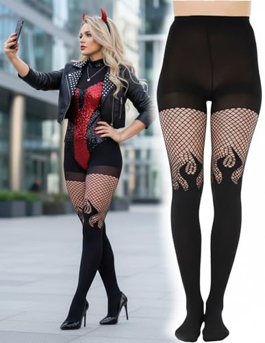Image of ToBeInStyle Women's Flame Burning Fire Tights w /Devil-Inspired Print Hosiery