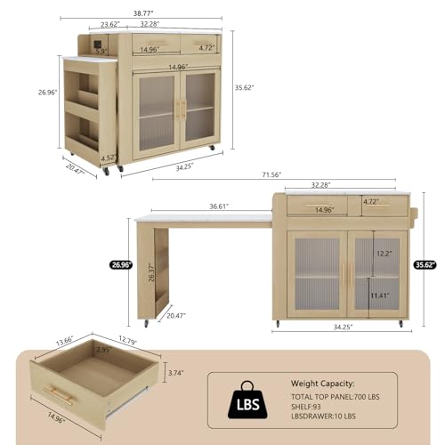 Image of HLR 72 inch Extendable Rolling Kitchen Island with Storage, Island Table on Wheels with Marble Grain Countertop & Power Outlet, Portable Island Cart with Cabinets, Drawers and Shelves, Wood